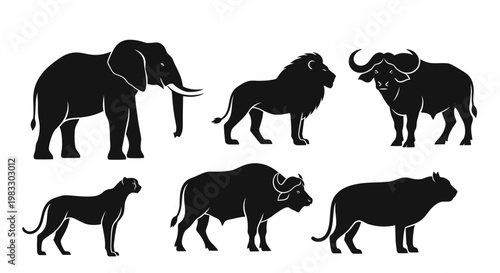 African Safari Animals Silhouettes Set: Elephant, Lion, Buffalo, Cheetah, Rhinoceros Icons