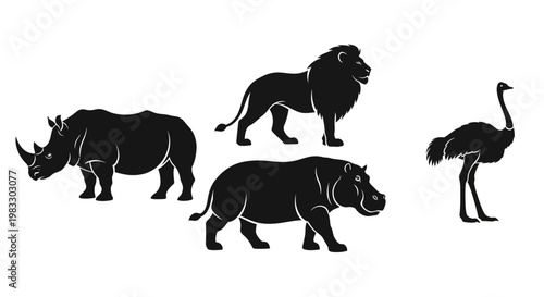 African Safari Animals Silhouettes Set: Rhino, Lion, Hippo, Ostrich Wildlife Icons