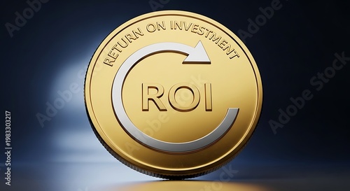Gold Coin with Return on Investment ROI Symbol Representing Financial Performance Profitability and Business Efficiency Concept