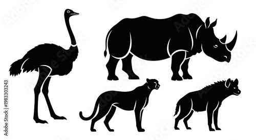 African Wildlife Silhouettes: Ostrich, Rhinoceros, Panther, and Hyena Vector Set