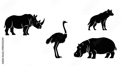 African Wildlife Silhouettes: Rhinoceros, Ostrich, Hyena, and Hippopotamus Set