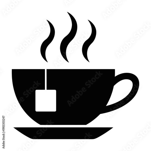 Vector graphic of a steaming cup of tea with a tea bag on a saucer