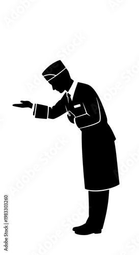 Silhouette of a person in formal attire bowing and extending an open hand.