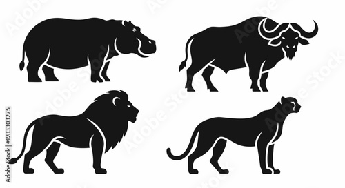 African Wildlife Silhouettes Set: Lion, Buffalo, Hippopotamus, Panther Vector Icons