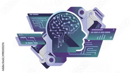 Human head silhouette with circuit board brain, digital interface panels, and robotic components