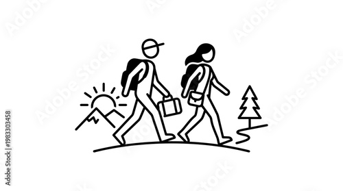 Hikers Walking in Nature with Mountains and Sun