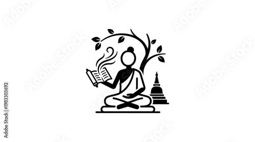 Meditating Monk Reading Under a Tree with a Stupa