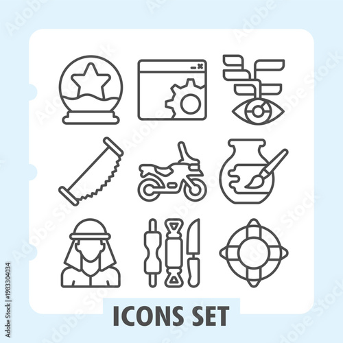 Set of nine line icons showcasing computer, lab tools, security, dna, robot and chemistry themes in sleek monochrome style perfect for web projects.