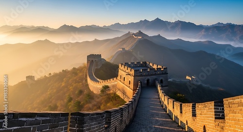 Great Wall of China Stretching Across Mountains at Sunrise with Dramatic Light and Historic Architecture Scenic Travel Destination