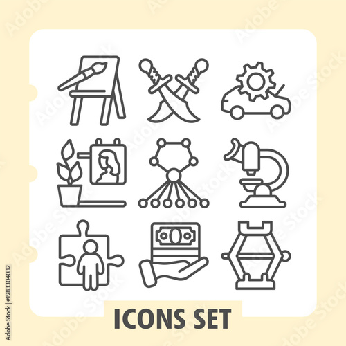 Set of nine line icons depicting home, tools, settings, growth, network, trophy, family, laptop and lab flask for digital interfaces and user experience design.