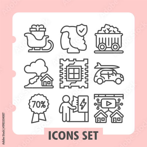 Set of nine line icons representing cooking pot, shield, trash bin, house, building, truck, battery charging, video play and neighborhood properties with discount tag.