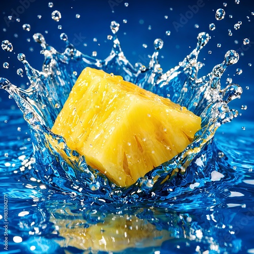macro shot of a sweet yellow pineapple chunk hitting bright blue curacao