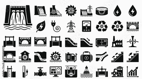 Hydro Energy Icons. Renewable energy. Solid icon set of hydro energy: water dam, flowing water, turbine, hydro power plant, reservoir, water drop, renewable