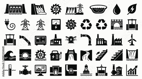 Hydro Energy Icons. Renewable energy. Solid icon set of hydro energy: water dam, flowing water, turbine, hydro power plant, reservoir, water drop, renewable