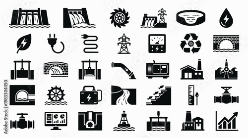 Hydro Energy Icons. Renewable energy. Solid icon set of hydro energy: water dam, flowing water, turbine, hydro power plant, reservoir, water drop, renewable