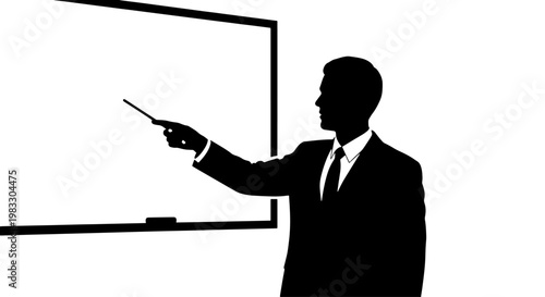 Silhouette of a businessman in a suit pointing at a blank whiteboard with a pointer stick.