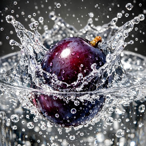 macro shot of a ripe purple grape falling into sparkling crystal tonic
