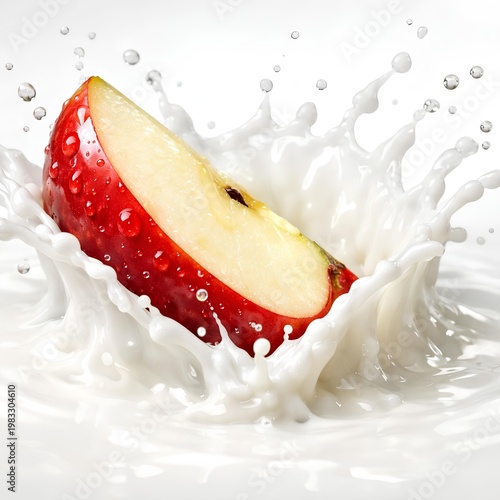 macro shot of a crisp red apple wedge plunging into creamy white milk