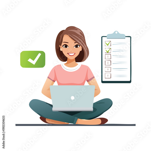 Woman using laptop with checklist and check mark symbol isolated