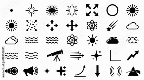 Minimalist vector icons: astrophysics, weather, and physics illustrations collection
