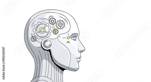 Robot head, futuristic brain, metallic humanoid, mechanical thinking