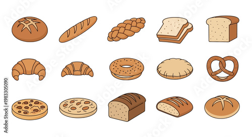 Assorted bread and pastry collection close up.