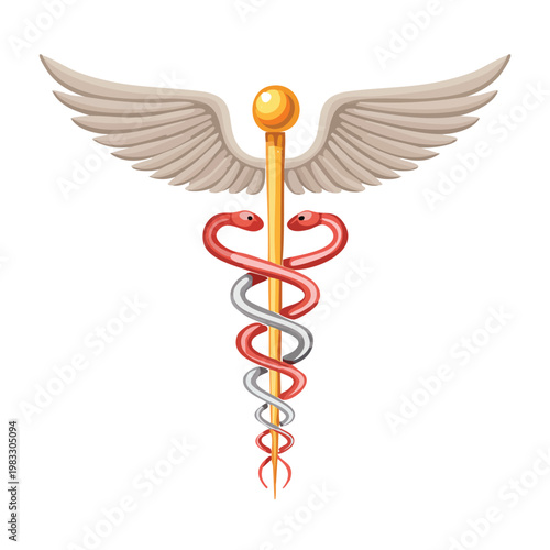 Medical caduceus symbol with wings and snakes illustration on white