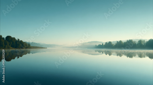 Serene lake reflecting mountains and blue sky at dawn, surrounded by lush greenery and peaceful ambiance.