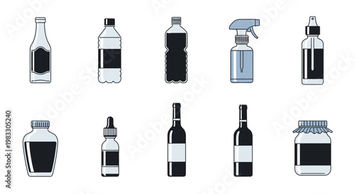 Assorted bottle collection isolated on white background.
