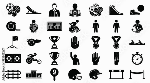 Line icons: sports equipment and accessibility symbols

