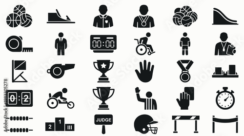 Line icons: sports equipment and accessibility symbols
