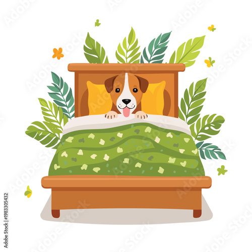 Dog relaxing in bed with green blanket and surrounding leaves