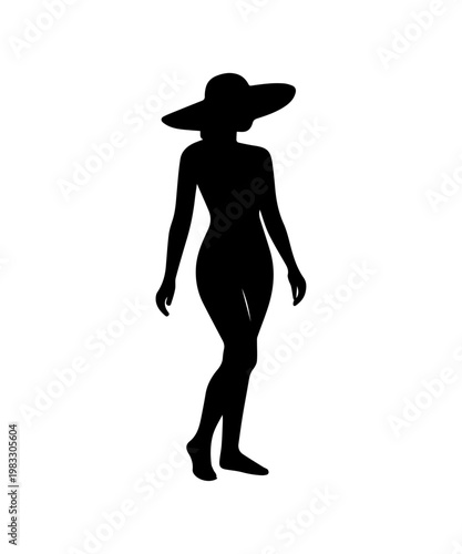 Woman silhouette wearing sun hat walking elegance