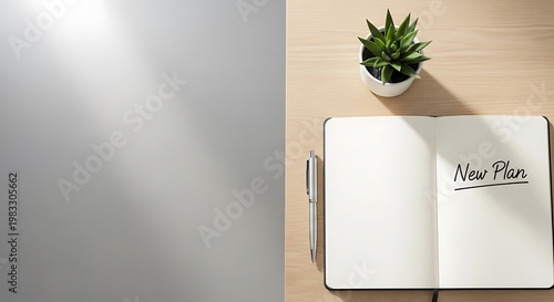 Minimal workspace with open notebook and green plant, new plan concept, goal setting, productivity and business strategy on wooden desk with copy space