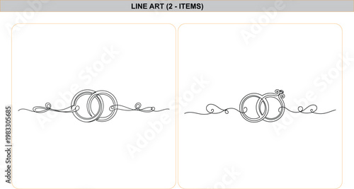 Continuous one line drawing of intertwined wedding rings, elegant diamond engagement ring sketch, minimalist black and white vector art illustration.