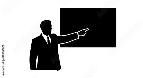 Silhouette of a man in a suit pointing at a black rectangle on a white background, representing a presentation or teaching scenario.