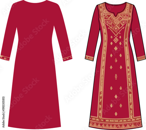 Front and back vector illustrations of a indian bangladeshi traditional embroidered long-sleeve saloar dress with gold motifs for fashion, cultural, textile design, costume and pattern projects.