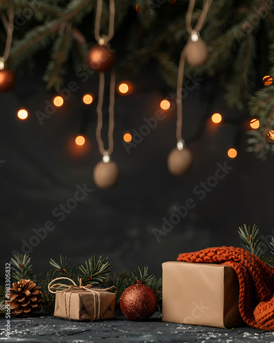 Festive autumn wreath with pumpkins and candles on wooden table