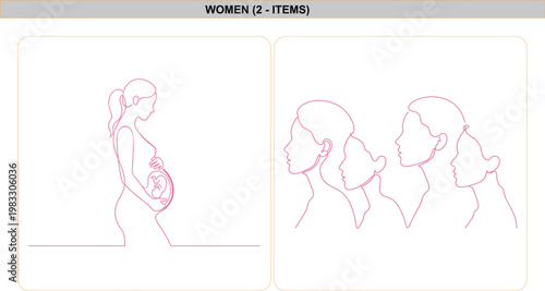 Continuous one line drawing of pregnant woman with fetus, group of diverse female face profiles, pink minimalist motherhood concept art.