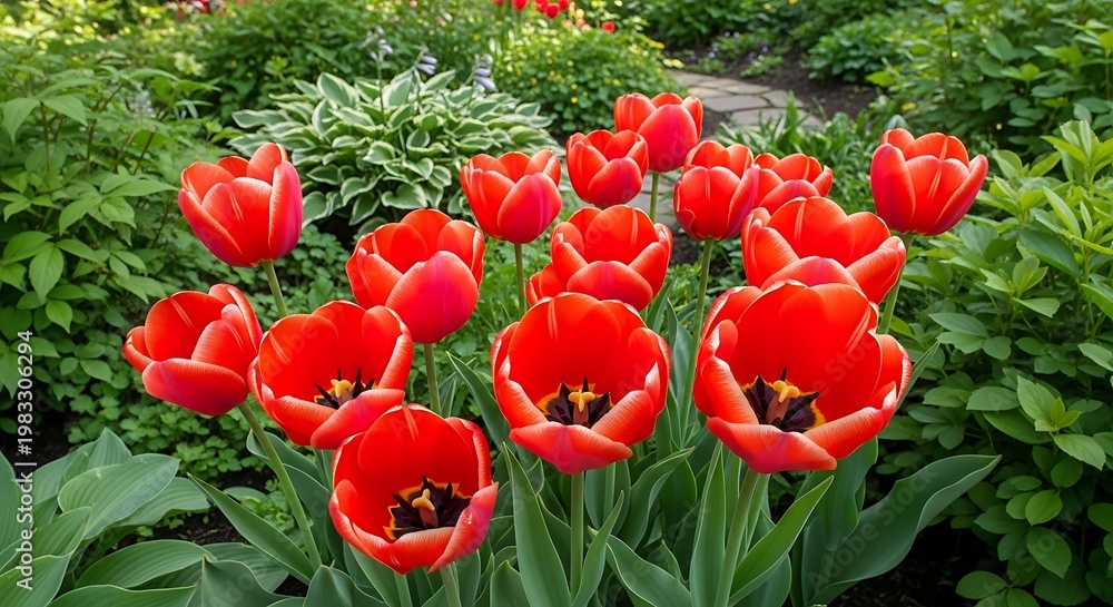 Obraz premium Vibrant Red Tulips Blooming in a Lush Garden Setting.