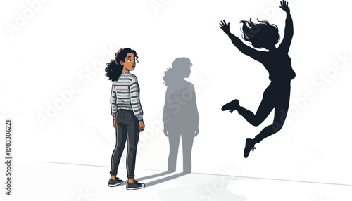 Young woman looking at her joyful jumping shadow