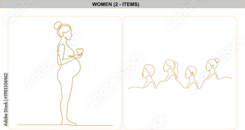 Bild auf Leinwand Continuous one line drawing, pregnant woman holding heart, group of diverse women faces profile, minimalist golden illustration, motherhood concept art