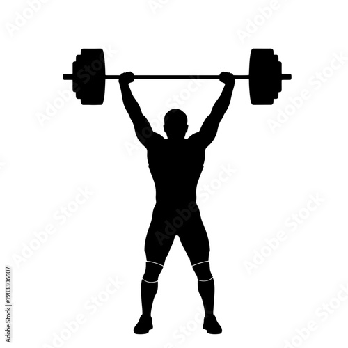 Silhouette of a weightlifter with a barbell overhead in a powerful pose.