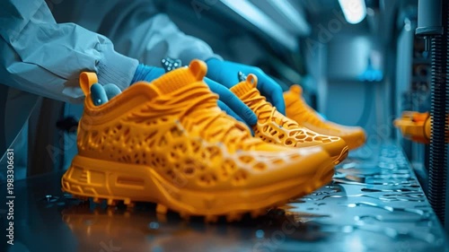 Wallpaper Mural Expert technicians protective gear meticulously assemble bright orange athletic shoes state-of-the-art high-tech manufacturing facility that incorporates water features advanced machinery for optima Torontodigital.ca