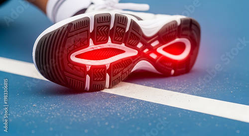 Foot pain concept: Athletic shoe sole with glowing red areas on a blue sports court, symbolizing injury or discomfort.
