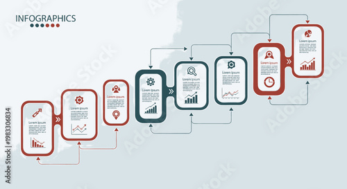 Modern business infographic template with eight steps or options, presenting data visualization in a horizontal timeline design for workflow analysis and strategic planning