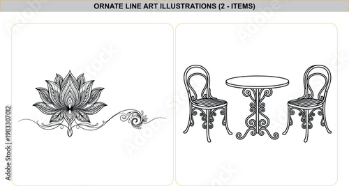 Intricate mandala lotus flower, elegant Parisian cafe table with chairs, black, white, ornate vector line art outline illustration design set.