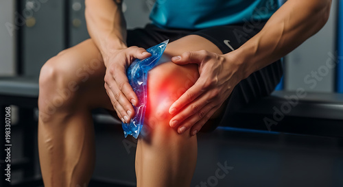 Athlete with knee injury applies ice pack on tennis court for pain relief and recovery