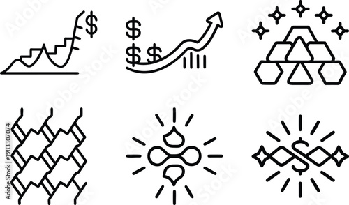 Financial icons set: charts, money, gold, and success symbols on transparent background.