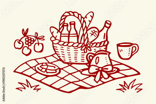 Picnic basket with food and drink on a checkered blanket food items drink bottles outdoor dining summer picnic spread checkered pattern al fresco light meal set